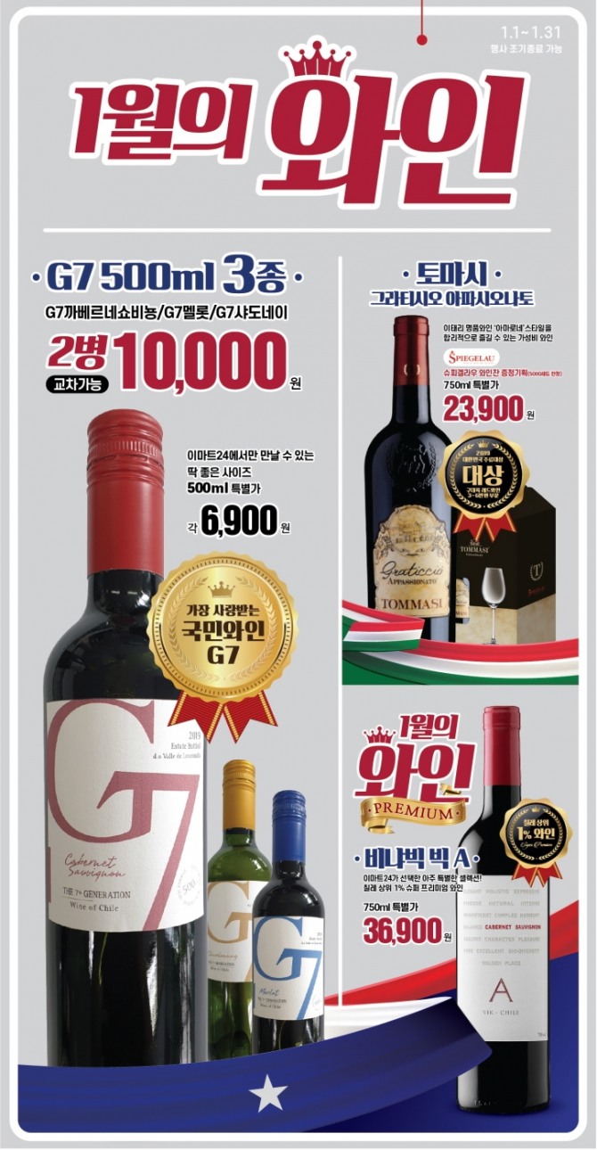 이마트24는 매달 바이어가 추천하는 '이달의 와인'을 저렴한 가격에 내놓고 있다. 이 회사는 올해부터 이달의 와인 가격대를 3등급으로 세분화 해 폭 넓은 고객을 사로잡는다. 사진=이마트24