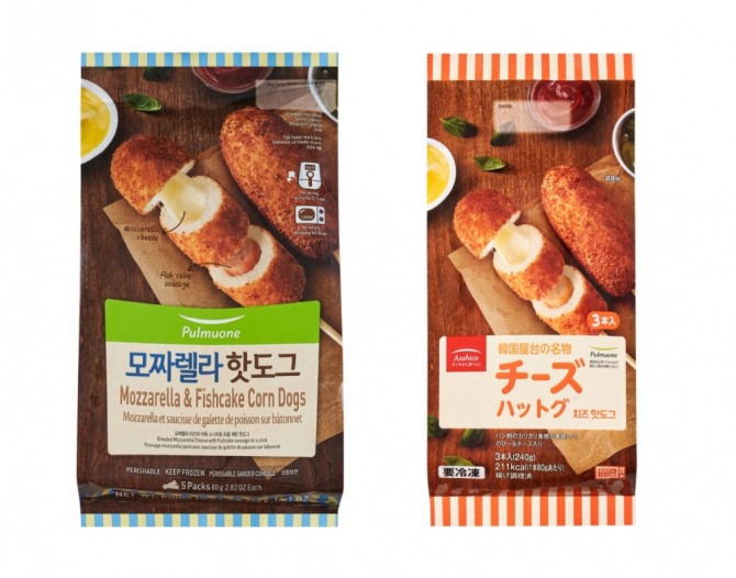 미국에 출시하는 풀무원 모짜렐라 핫도그(왼쪽부터)와 일본에 출시하는 풀무원 모짜렐라 핫도그. 사진=풀무원