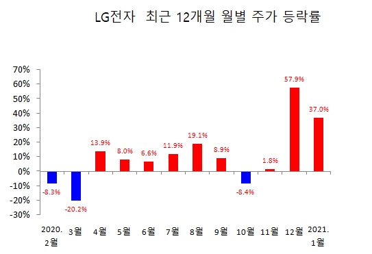 LG전자 최근 12개월 월별 주가 등락률  자료=한국거래소