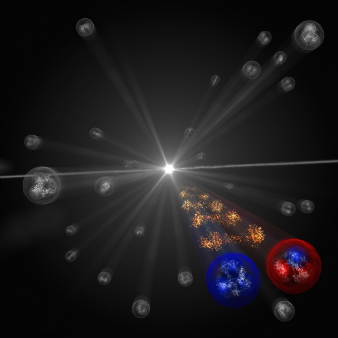 초미시세계의 오메가 하이퍼론(왼쪽)과 양성자(오른쪽)와의 상호작용을 예술적으로 상상한 그림 (출처 : CERN ALICE)