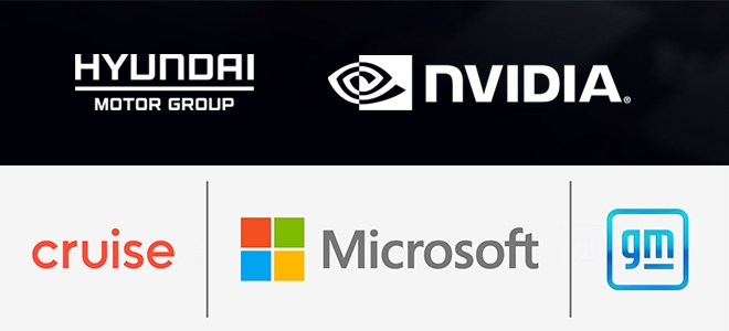 (왼쪽 위부터) 현대자동차그룹, 엔비디아, 크루즈, 마이크로소프트, 제너럴모터스 기업 상징(CI). 사진=현대차그룹, 한국지엠