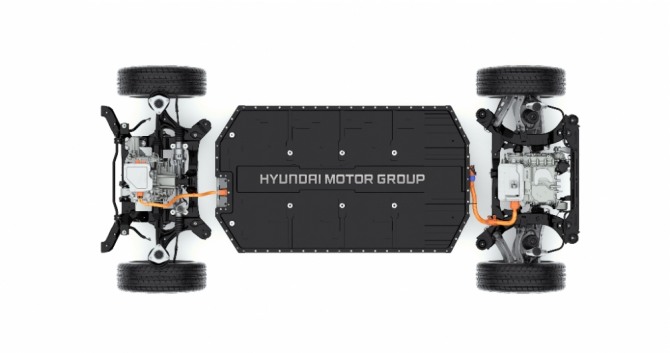 현대자동차그룹이 지난해 공개한 차세대 전기차 전용 플랫폼 E-GMP. 앞바퀴와 뒷바퀴 사이 커다란 판이 배터리다. 사진=현대차그룹