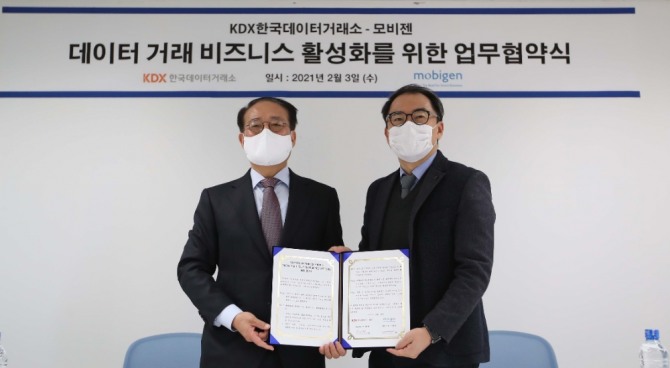 박재현 KDX한국데이터거래소 대표(왼쪽), 김태수 모비젠 대표[사진=모비젠]