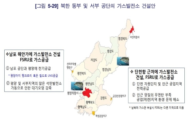 한국가스공사가 2018년 국민대 산학협력단에 의뢰해 작성한 '북한의 에너지 현황 및 천연가스 사업 협력방안 연구' 최종 보고서 안에 수록된 '북한 동부 및 서부 공단의 가스발전소 건설안 개요도. 사진=정유섭 의원실