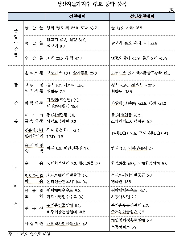 생산자물가지수 주요 등락 품목. 사진=한국은행