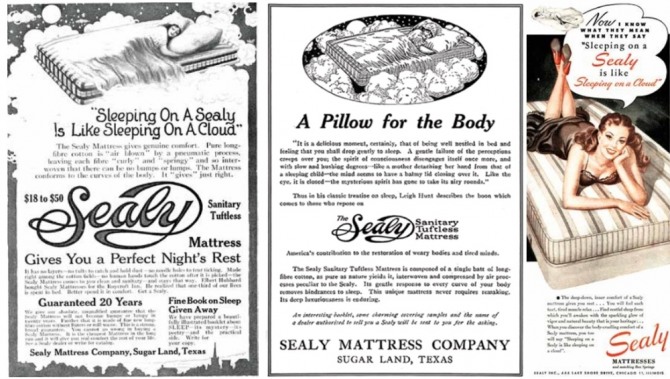 1916년(왼쪽부터), 1918년, 1945년의 씰리침대 USA Sleeping on a cloud 광고 이미지. 사진=씰리침대