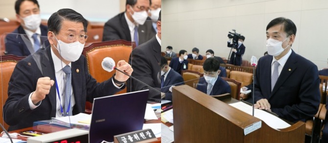 은성수 금융위원장(왼쪽)과 이주열 한국은행 총재가 전자금융거래법 개정안에 이견을 뵈이고 있다. 사진=뉴시스