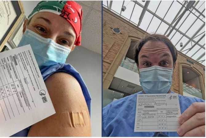 코로나19 백신을 접종마친 사람들이 셀카(셀프 카메라)를 찍고 접종증명서를 보여주고 있다. 사진=LMU