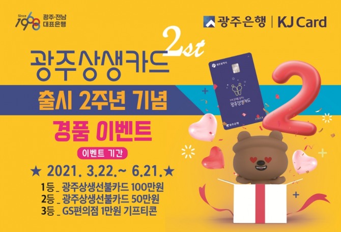 광주은행(은행장 송종욱)은 ‘광주상생카드 출시 2주년 기념 경품 이벤트’를 3월 22일부터 6월 21일까지 실시한다고 밝혔다./광주은행=제공