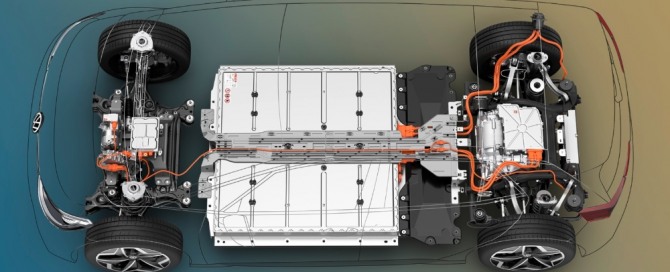 폴크스바겐의 전기차 내부구조. 차량 가운 은백색 금속 상자가 배터리 팩 구성체이다. 사진=폴크스바겐