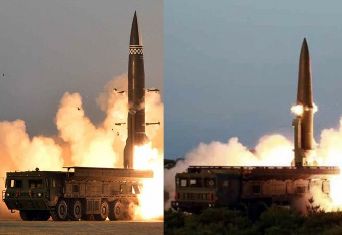 북한이 25일 발사한 신형 전술탄도미사일과  북한판 이스칸데르로 통하는 KN-23 비교 사진. 사진=영국 전략국제연구소(IISS) 조지프 뎀프시 연구원 트위터