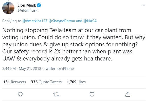 일론 머스크 테슬라 CEO가 지나 2018년 5월 올린 문제의 트윗. 사진=트위터