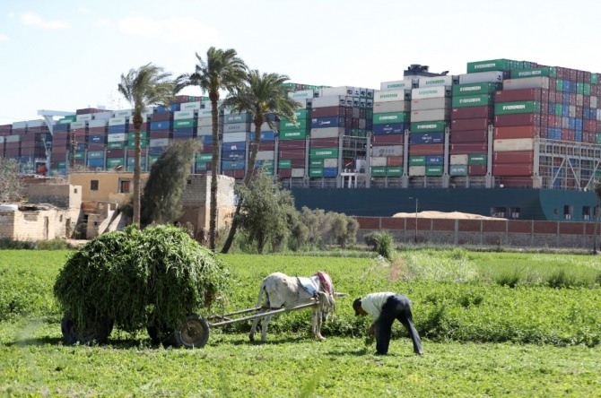 이집트 수에즈 운하가 대형 컨테이너선 에버기븐호의 좌초로 봉쇄된 가운데 27일(현지시간) 에버기븐호가 좌초한 운하 부근 경작지에서 농부가 작업을 하고 있다. 사진=로이터