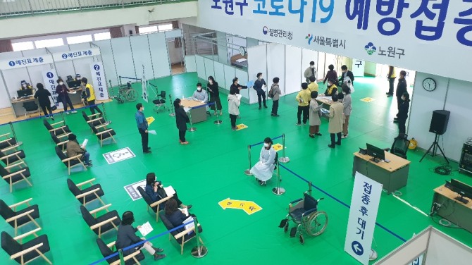 서울 노원구 중계동 구민체육센터에서 코로나19 백신 예방접종을 위해 모의훈련을 하고 있다(사진/노원구 제공)