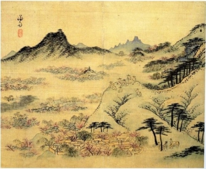 정선 ‘필운대상춘(弼雲臺賞春)’, 18세기, 비단에 수묵담채, 개인 소장.