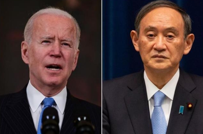 조 바이든 미 대통령(사진 왼쪽) 스가 요시히데(오른쪽) 총리의 미‧일 정상회담에서 팽창하는 중국에 대항하기 글로벌 서플라이 체인 제휴가 전망되고 있다.