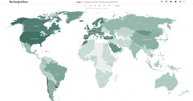 전세계 코로나 백신 접종 현황. 색이 흐릴수록 접종률이 저조하다는 뜻이다. 사진=NYT