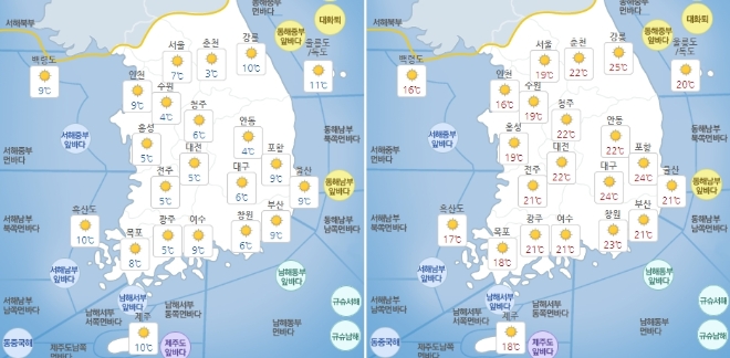 19일(월) 오전(왼쪽)과 오후 기상도. 자료=기상청