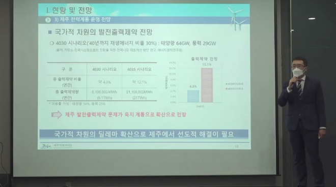 4월 15일 제주도 라마다 제주시티호텔에서 개최된 '제주 에너지전환 세미나'에서 제주에너지공사 김동완 선임연구원이 주제발표를 하고 있다. 사진=한국신재생에너지학회 유튜브 채널 캡처  