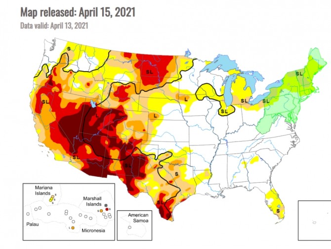 지난 15일(현지시간) 현재 미국 서부의 가뭄 지도. 짙은 빨간 색일수록 가뭄이 심한 지역이다. 사진=네브라스카대 링컨캠퍼스