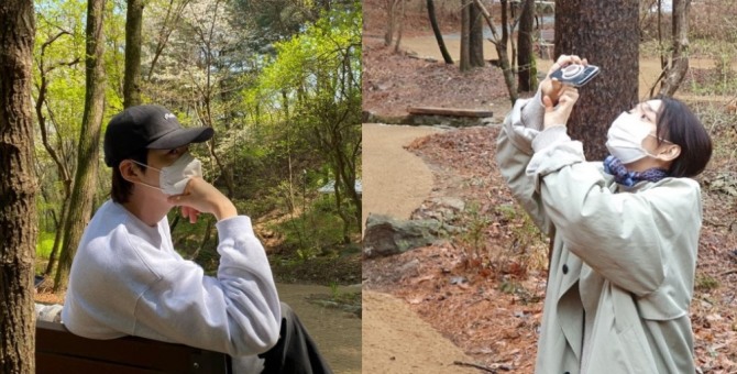 7년 째 공개 열애중인 배우 김우빈과 신민아가 숲속을 산책하는 모습으로 근황을 전했다. 사진=인스타그램 캡처 