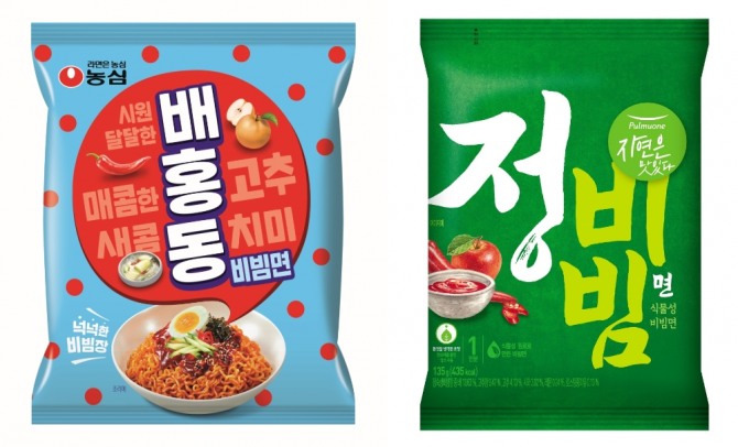 최근 출시된 비빔면 신제품인 농심 '배홍동 비빔면'(왼쪽부터)과 풀무원 '정비빔면'. 사진=각사 제공