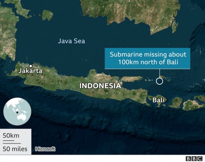 인도네시아 해군 잠수함 낭갈라함 침몰 추정 위치. 사진=BBC