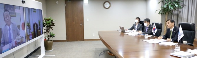 이주열 한국은행 총재(오른쪽)이 3일 제21차 한･중･일 재무장관･중앙은행 총재 화상 회의에 참여하고 있다. 사진=한국은행