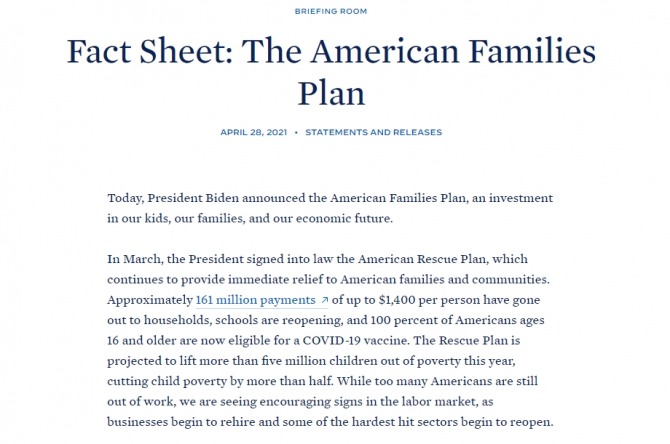 미 백악관의 ‘미국가족계획’ 설명 자료. 사진=백악관