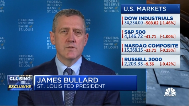 CNBC와 인터뷰 중인 제임스 불라드 세인트루이스 연방준비은행 총재   사진=CNBC 방송 화면 캡쳐
