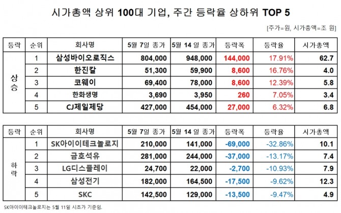 시가총액 상위 100대 기업 주간 주가 등락률 자료=한국거래소