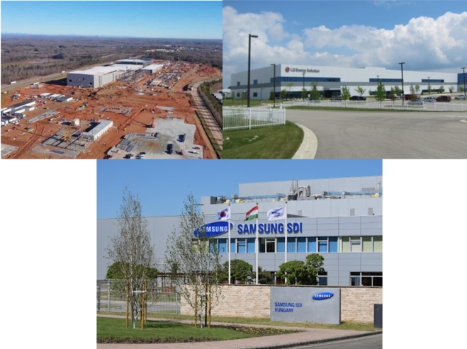 (왼쪽 위부터 시계방향으로) SK이노베이션, LG에너지솔루션, 삼성SDI가 미국과 헝가리에 배터리 공장 규모를 늘려 글로벌 배터리 시장 공략에 나서고 있다. 사진=각 사 종합