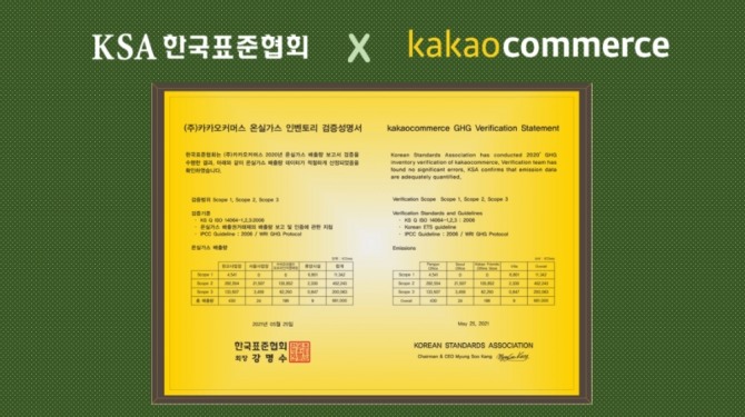 한국표준협회가 카카오커머스에 수여한 온실가스 인벤토리 검증성명서. 사진=한국표준협회 