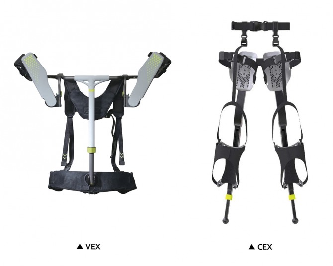 현대로템이 2019년 개발한 웨어러블 로봇 VEX(왼쪽), CEX 이미지. 사진=현대로템