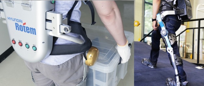 현대로템은 지난 2017년 RMX 웨어러블 로봇(왼쪽)과 HUMA 웨어러블 로봇을 공개했다. 사진=현대로템