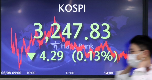 코스피가 8일 3240선으로 하락마감하며 추가하락가능성이 커지고 있다. 사진=뉴시스