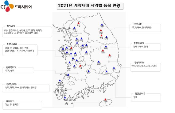 2021년 CJ프레시웨이의 계약재배 지역별 품목 현황. 사진=CJ프레시웨이