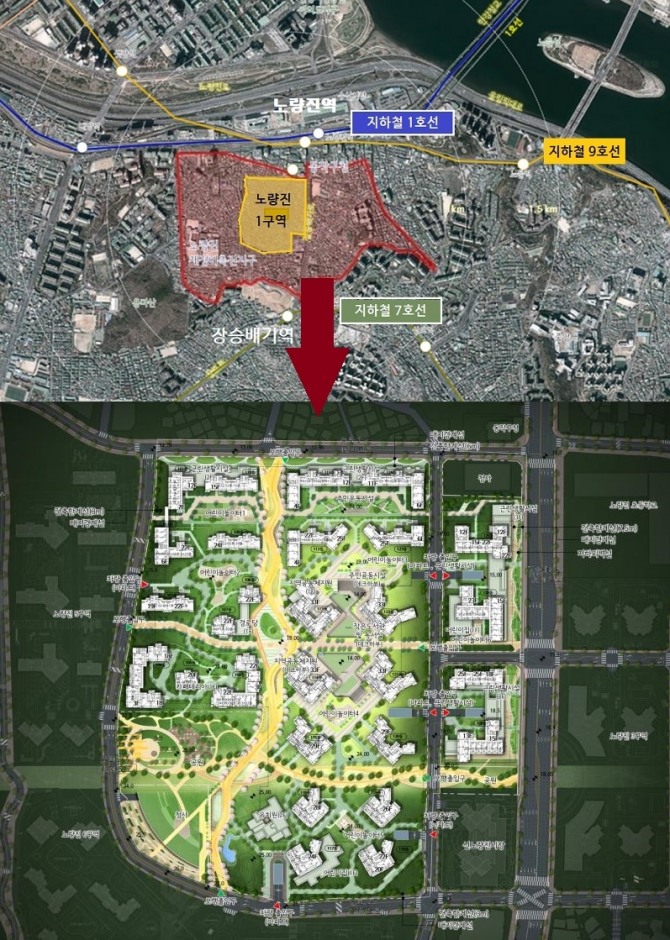 노량진 재정비촉진구역 1구역의 위치와 배치도. 사진=서울시