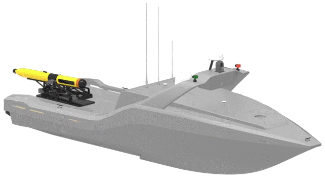 자율무인잠수정(AUV)이 무인수상정(USV)에 탑재돼 있다. 사진=한화시스템