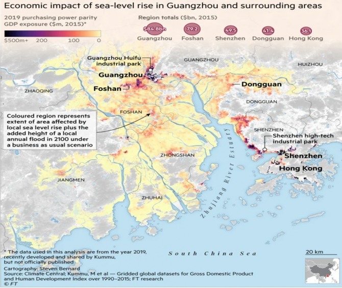 중국이 지구온난화로 인한 해수면 상승으로 치명적인 위험에 노출되어 있다. 자료=파이낸셜타임스