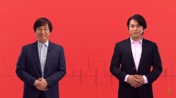 닌텐도 E3 2021 발표를 진행하는 타카하시 신야(왼쪽) 기획제작본부장과 고이즈미 요시아키 부본부장. 사진=유튜브