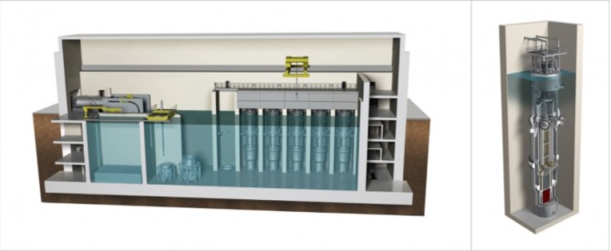 두산중공업의 뉴스케일 소형모듈원전 건물 내부(왼쪽)와 뉴스케일 소형모듈원전 단면(오른쪽).