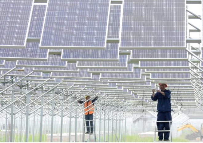 중국 노동자들이 장쑤성 롄윈강에 태양 전지판을 설치하고 있다.     사진=로이터