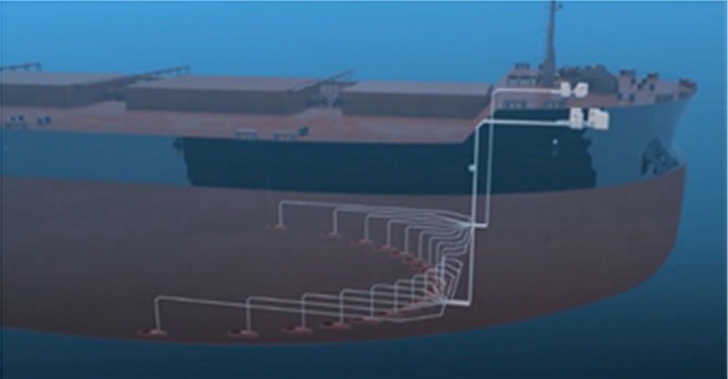 공기윤활시스템은 컴프레셔로 공기를 발생시켜 선체 바닥면에 공기를 주입하게 되며, 이 과정에서 선체와 바닷물 사이에 공기층을 연속으로 만들고 운항 중에 발생하는 마찰 저항을 감소, 연비를 향상시키는 에너지 절감기술이다. 사진=발레