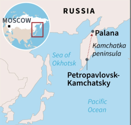 러시아 극동 캄차카 반도 상공에서 소식이 끊긴 여객기의 비행경로를 나타낸 도면.