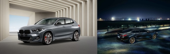 (왼쪽부터)뉴 X2 M35i 페스트 에디션과 뉴 840i xDrive 쿠페 골든 선더 에디션. 사진=BMW코리아