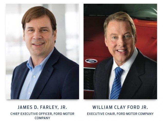 포드자동차의 윌리엄 포드 회장(오른쪽)과 제임스 팔리 CEO. 포드 회장의 영문 직함이 executive chairman에서 executive chair로 변경됐다. 사진=포드차