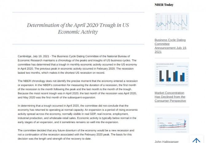 전미경제연구소(NBER)의 코로나발 경기 침체 관련 발표문. 사진=NBER