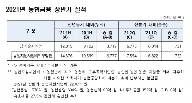 NH농협금융그룹의 2021년 상반기 당기순이익이 전년 동기 대비 급증한 것으로 집계돼 있다. 자료=NH농협금융그룹