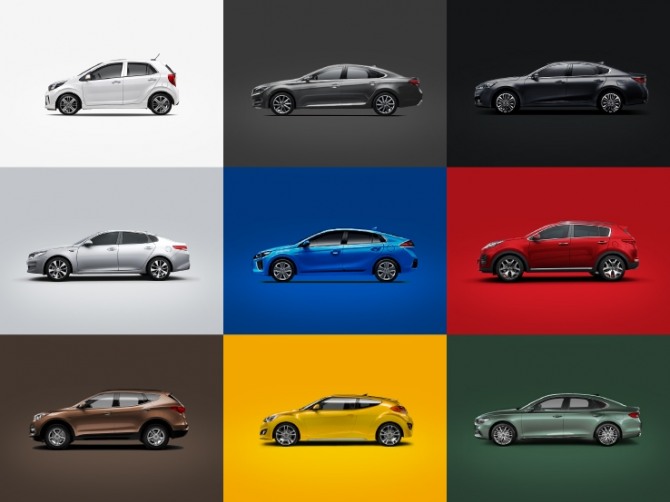 세단, SUV, 해치백 다양한 종류의 자동차와 색깔. 사진=현대차